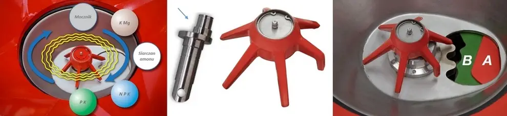 Układ podwójnej zasuwy "TWIN SHUTTER" rozsiewacza Gaspardo PRIMO